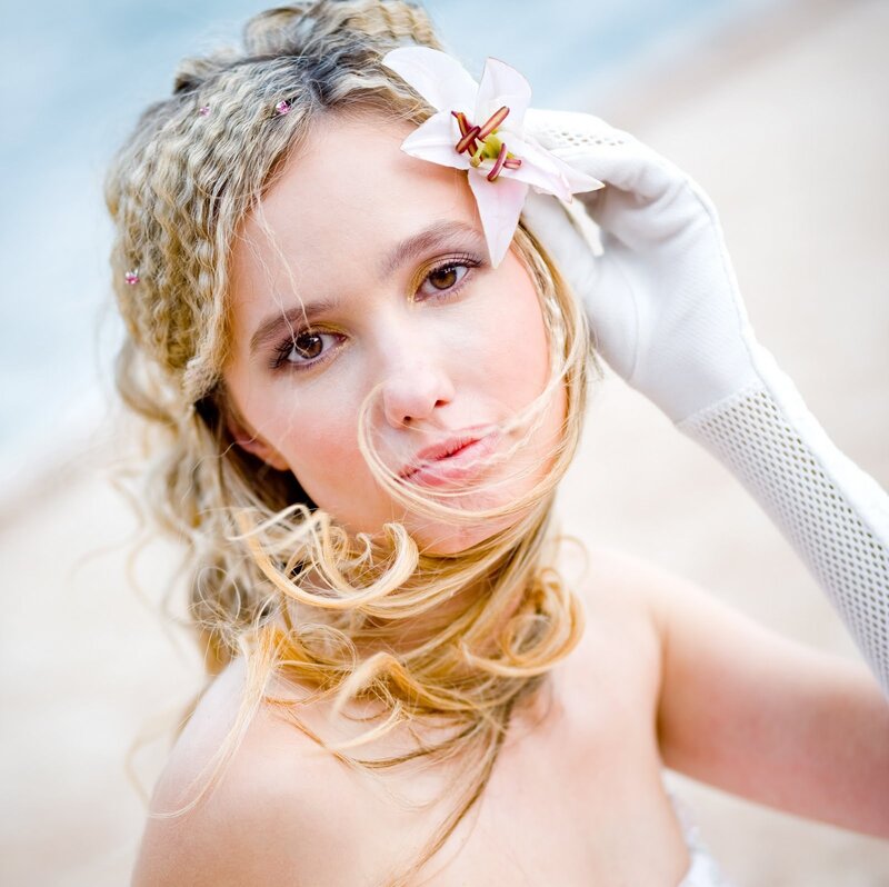 Woman with Flower in Hair — White, Serene, Afternoon, Photograph