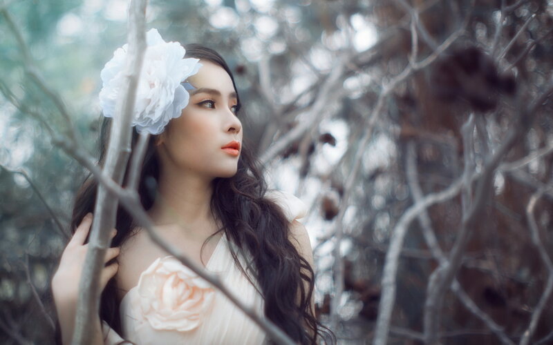 Woman with Flower in Hair — White, Serene, Photograph, Branches