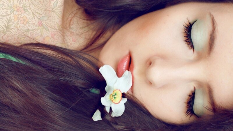 Woman with Flower in Hair — White, Serene, Photograph, Long Hair