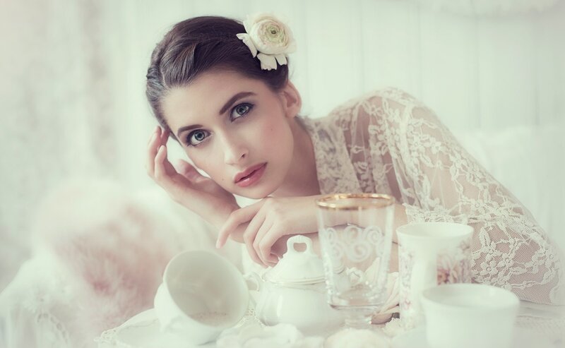 Woman with Flower in Hair — White, Serene, Photograph, Tea Set