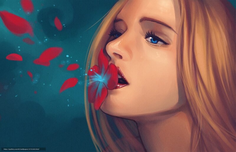 Woman with Flower in Mouth — Red, Dreamy, Digital Art