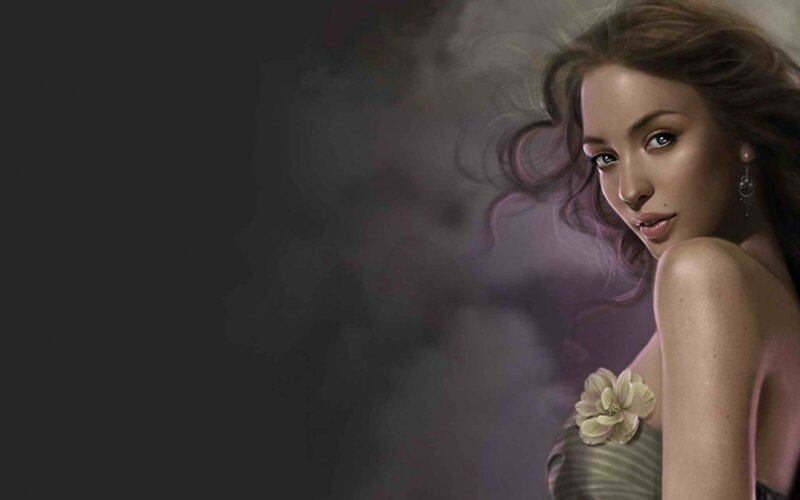 Woman with Flower — Purple, Dramatic, Digital Art