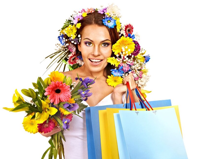 Woman with Flowers and Bags