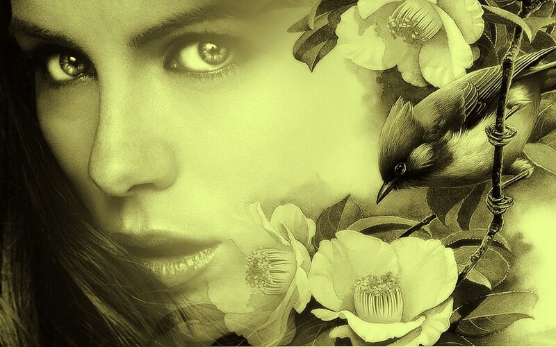 woman with flowers and bird