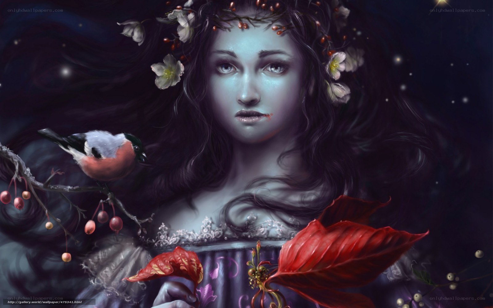 woman with flowers and bird