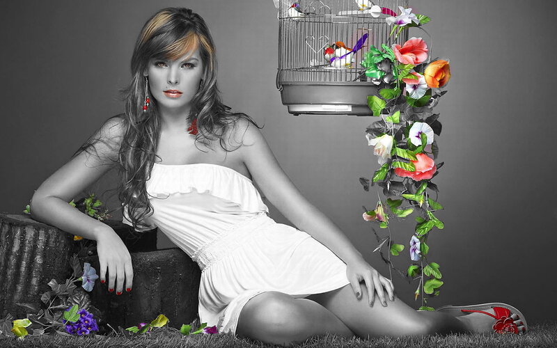 woman with flowers and birdcage