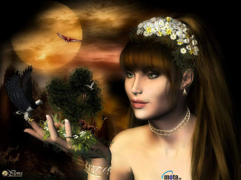 woman with flowers and birds