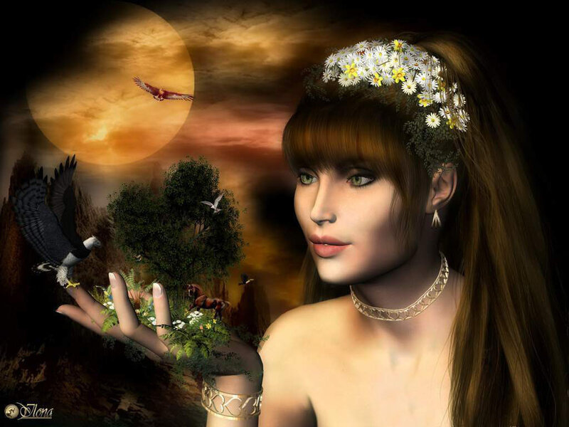 woman with flowers and birds