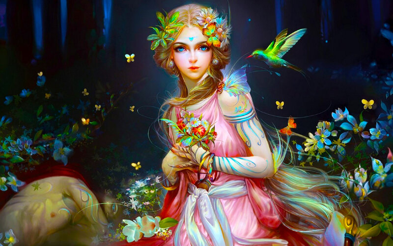 Woman with Flowers and Birds — Pink, Serene