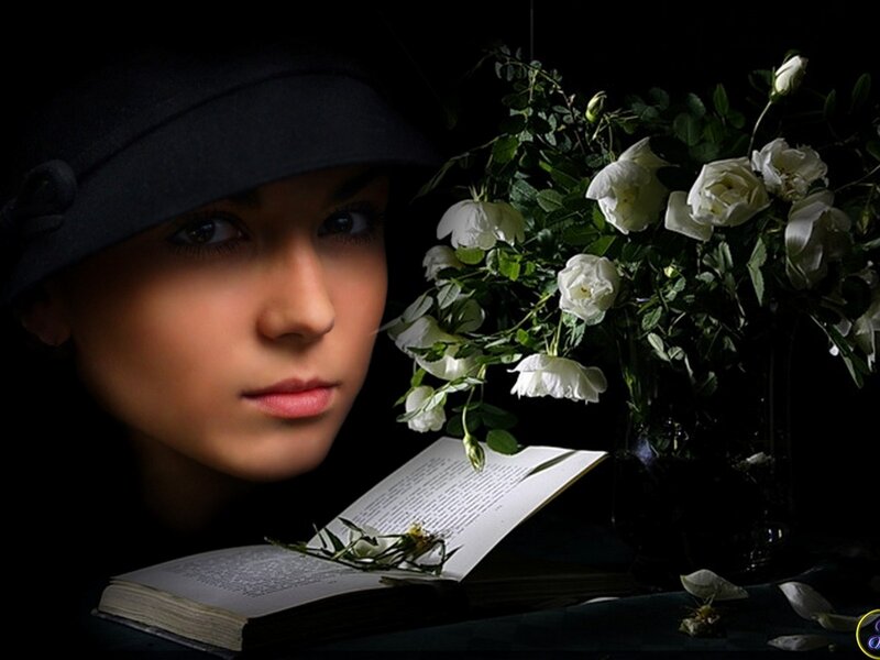 woman with flowers and book