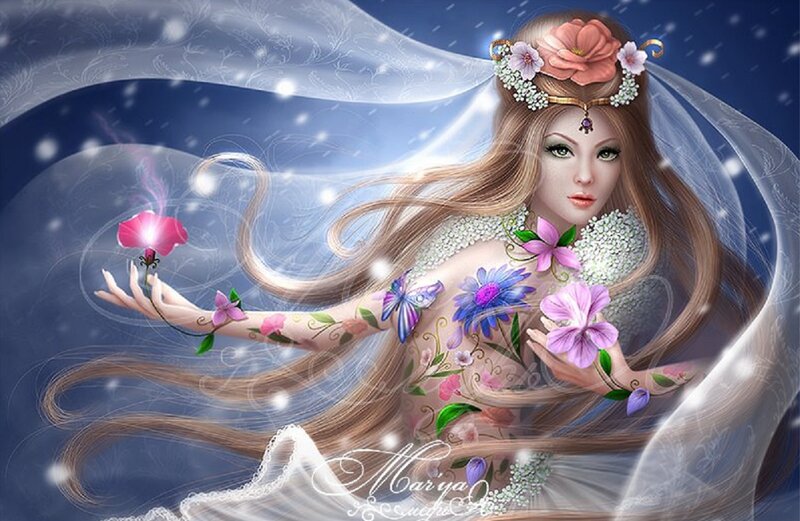 Woman with Flowers and Butterflies — Blue, Serene