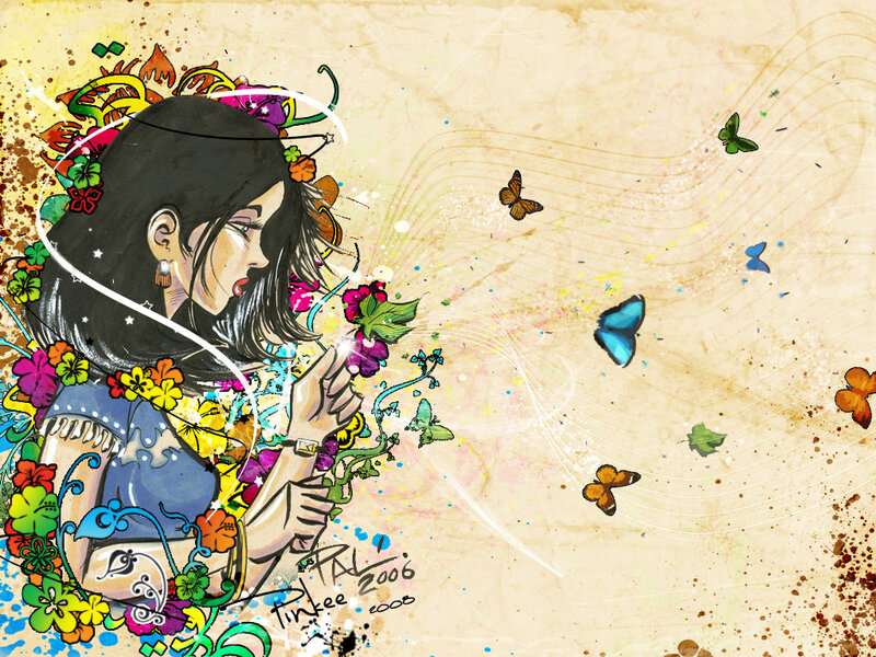 Woman with Flowers and Butterflies — Blue, Whimsical