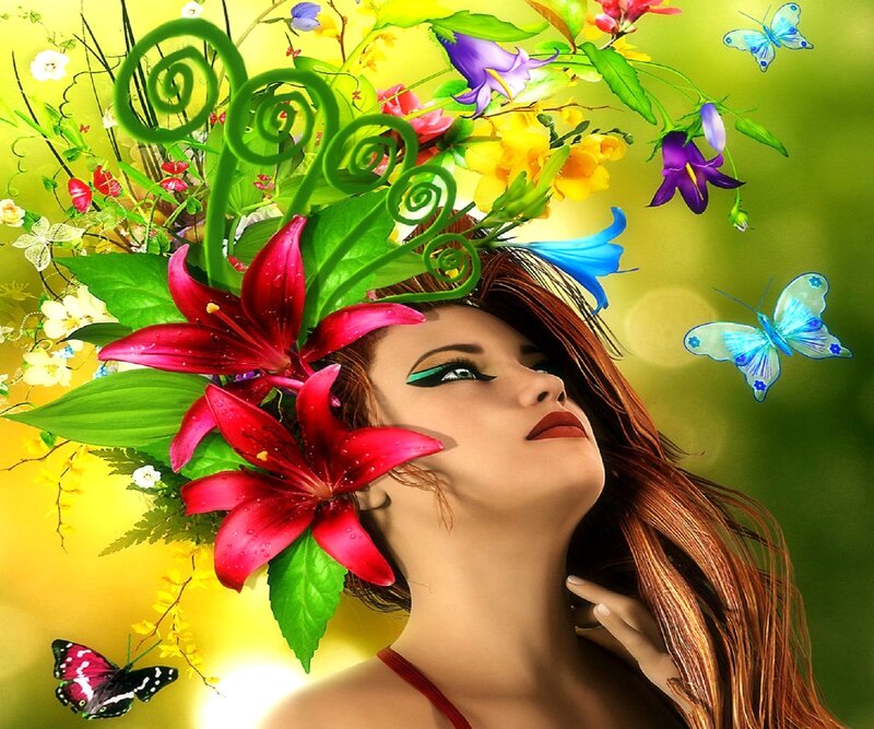 Woman with Flowers and Butterflies — Yellow, Dreamy