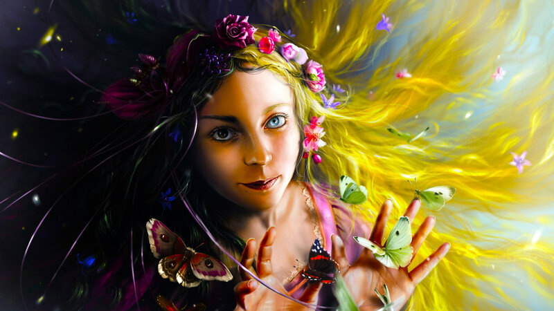 Woman with Flowers and Butterflies — Yellow, Ethereal