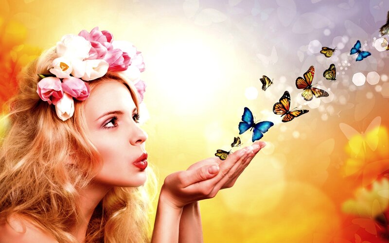 Woman with Flowers and Butterflies — Yellow