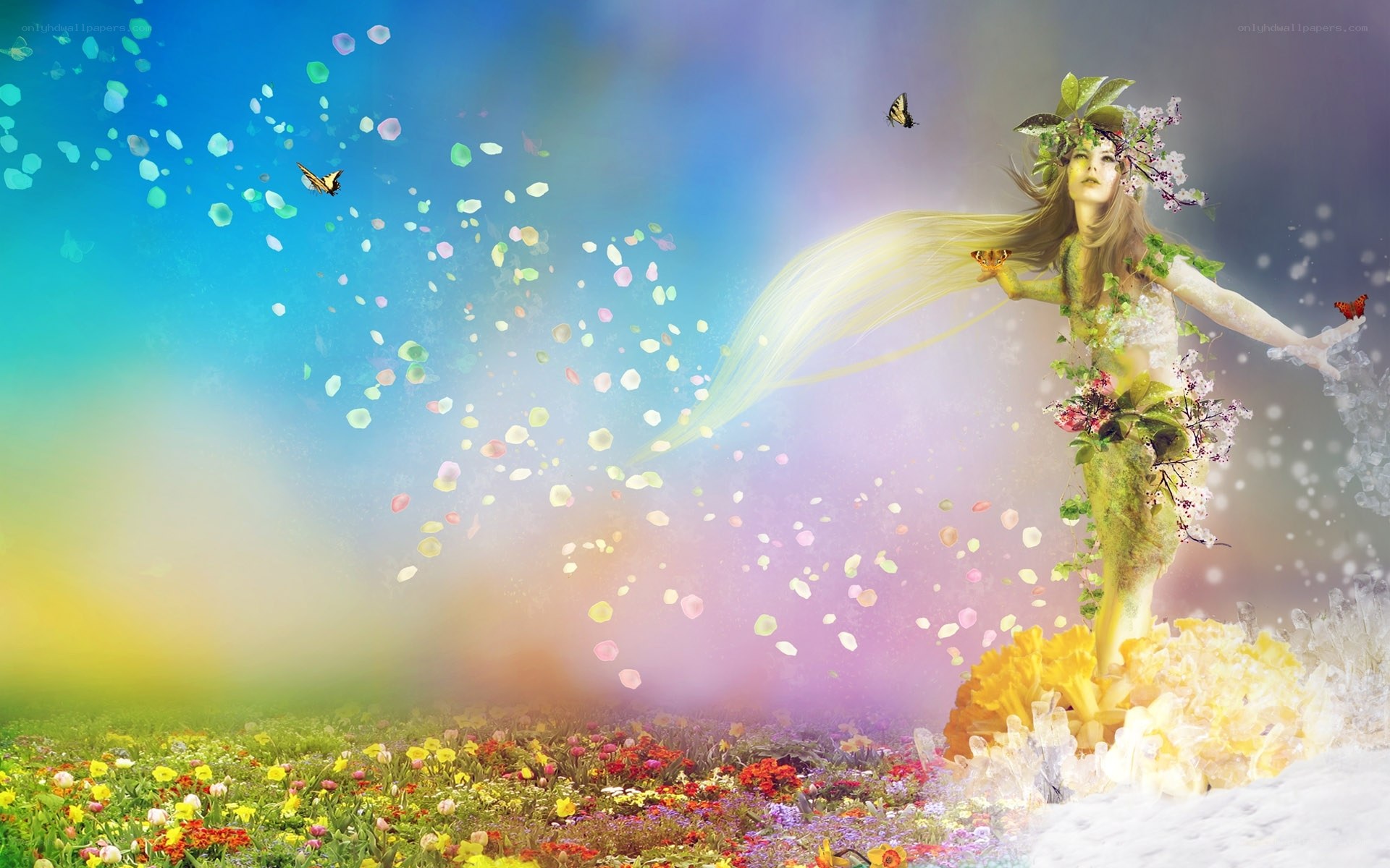 woman with flowers and butterflies