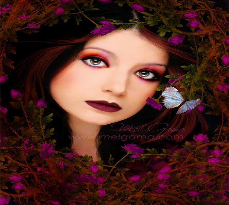 woman with flowers and butterfly