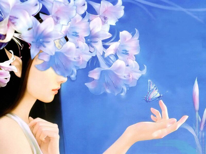 woman with flowers and butterfly