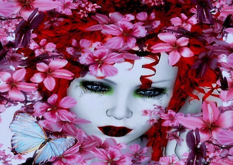 woman with flowers and butterfly