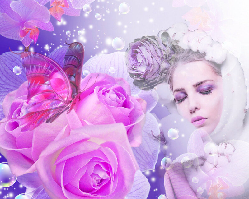Woman with Flowers and Butterfly — Purple, Dreamy