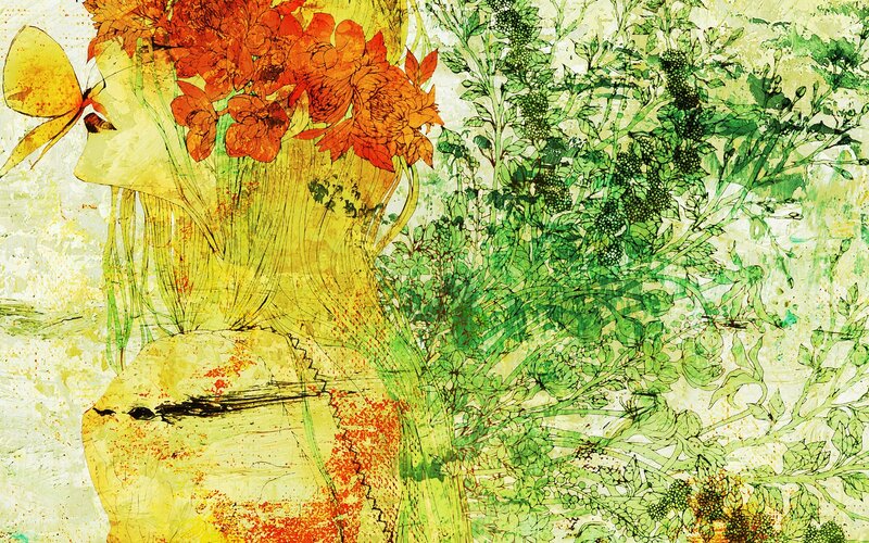 woman with flowers and butterfly