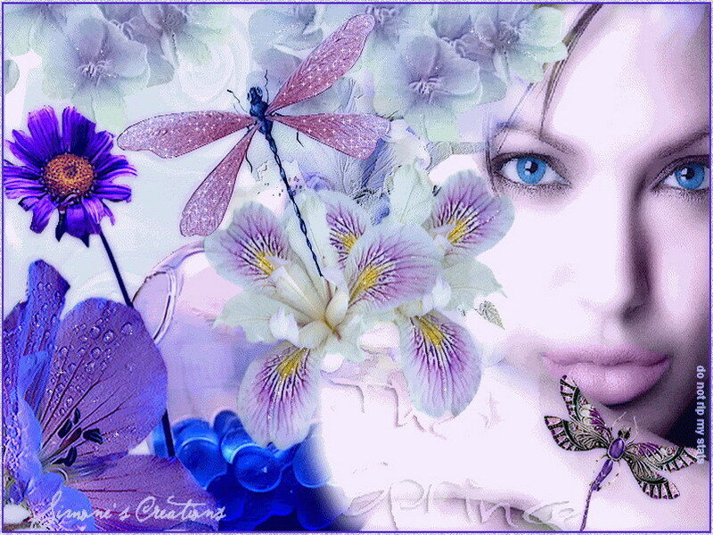 woman with flowers and dragonflies