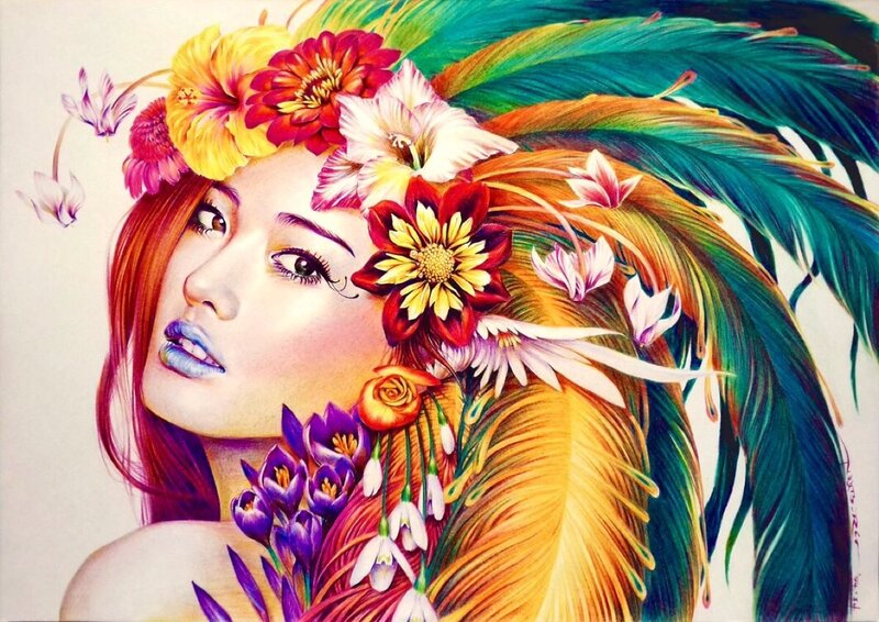 Woman with Flowers and Feathers