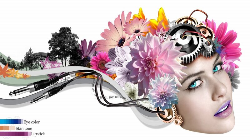 woman with flowers and gears