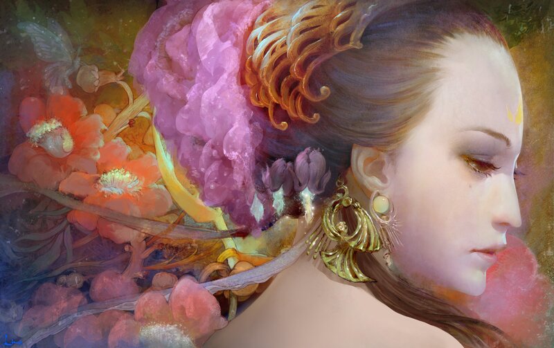 woman with flowers and gold earring