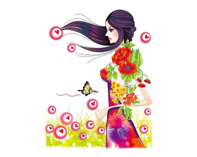woman with flowers and hearts