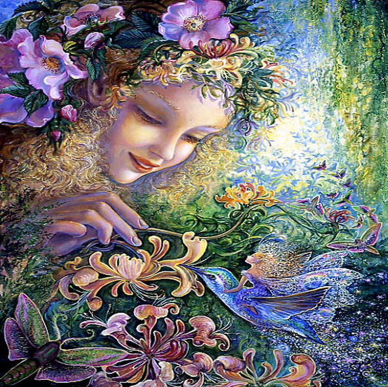 woman with flowers and hummingbird