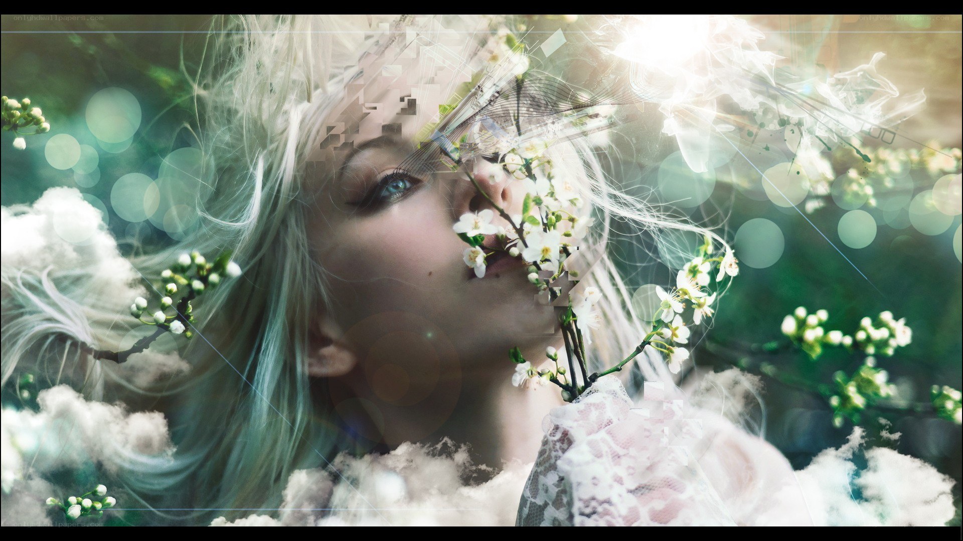 woman with flowers and light
