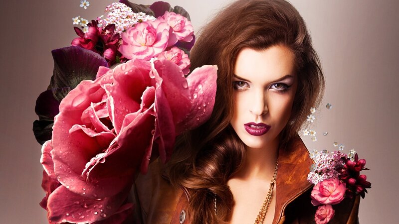 woman with flowers and lipstick