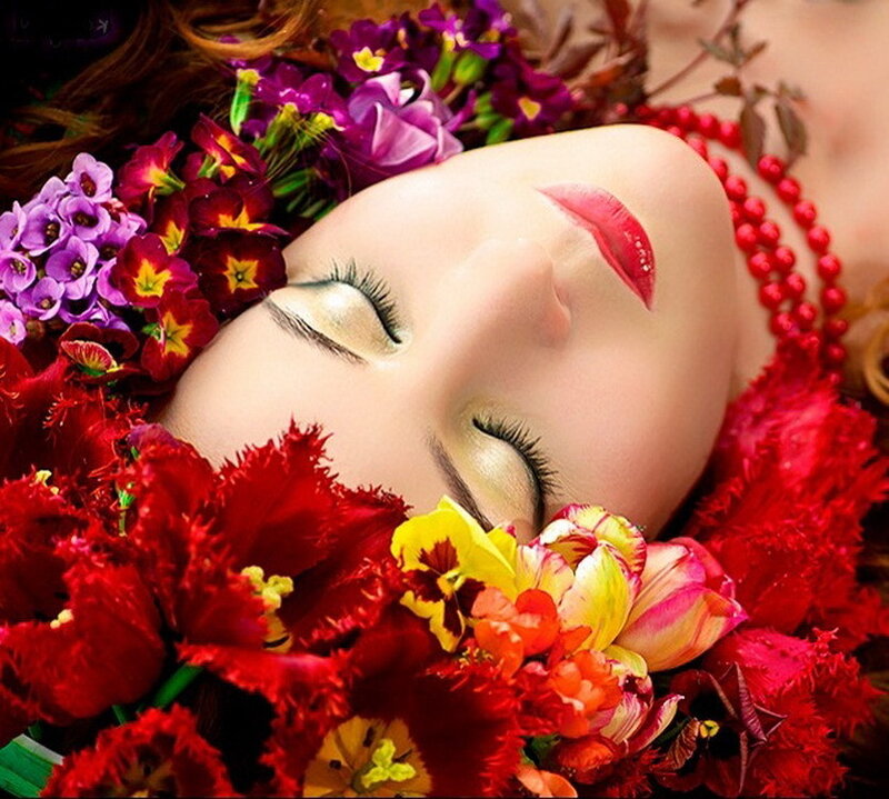 woman with flowers and makeup