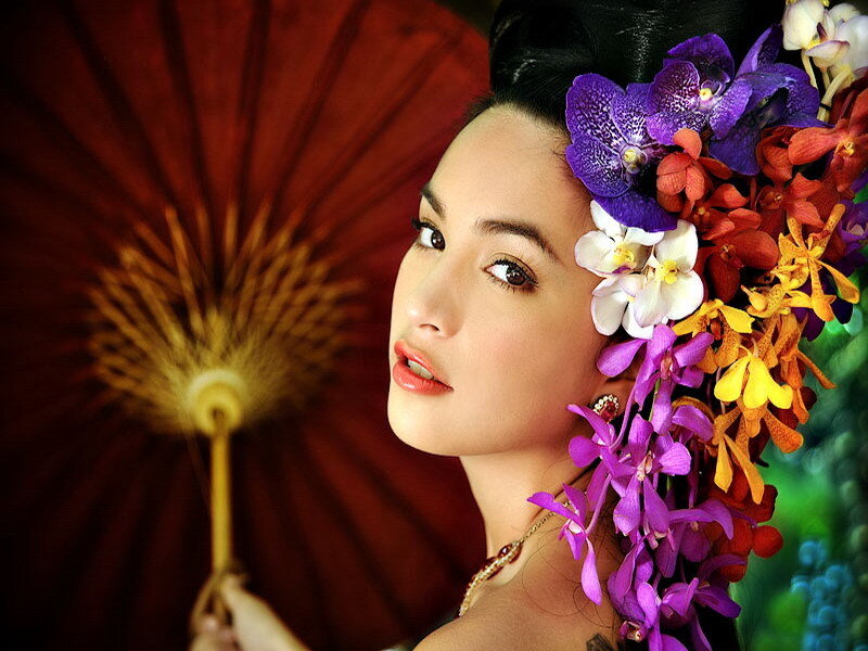 woman with flowers and parasol