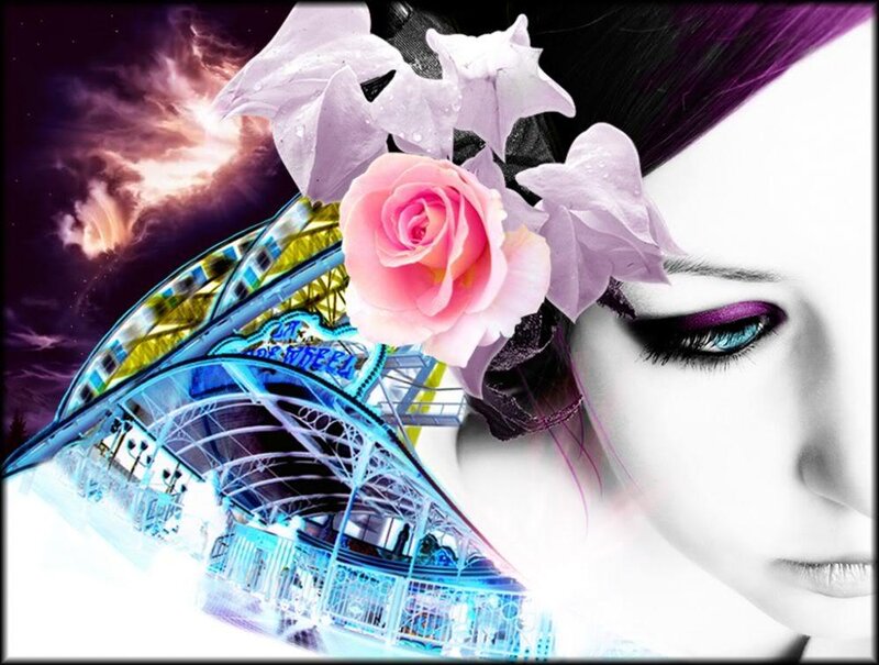 woman with flowers and roller coaster