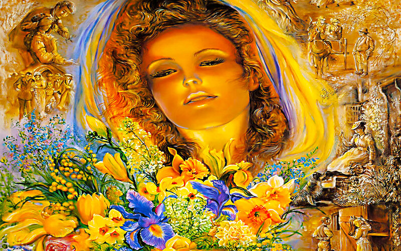 woman with flowers and scenes