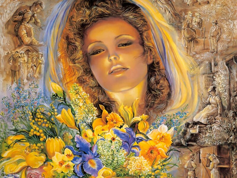 woman with flowers and scenes