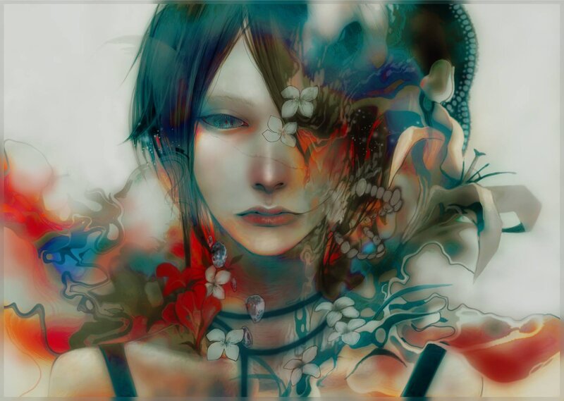Woman with Flowers and Skull