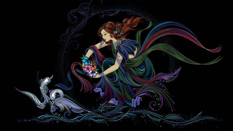 woman with flowers and swans