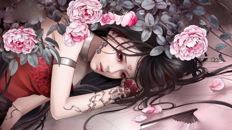 woman with flowers and tattoos