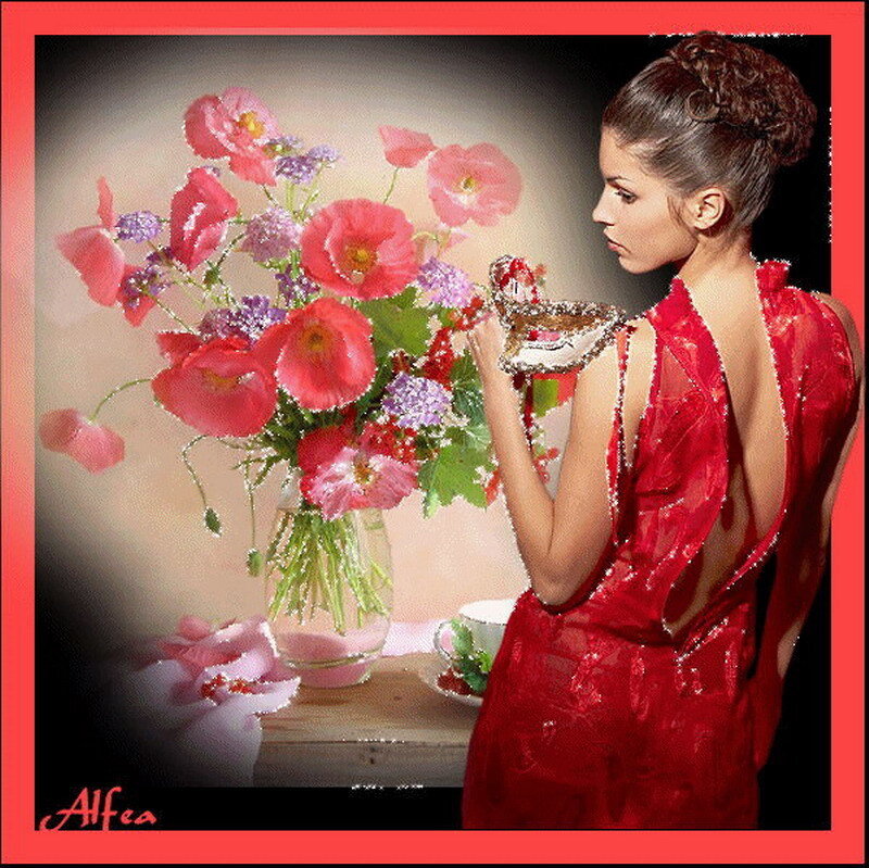 Woman with flowers and tea