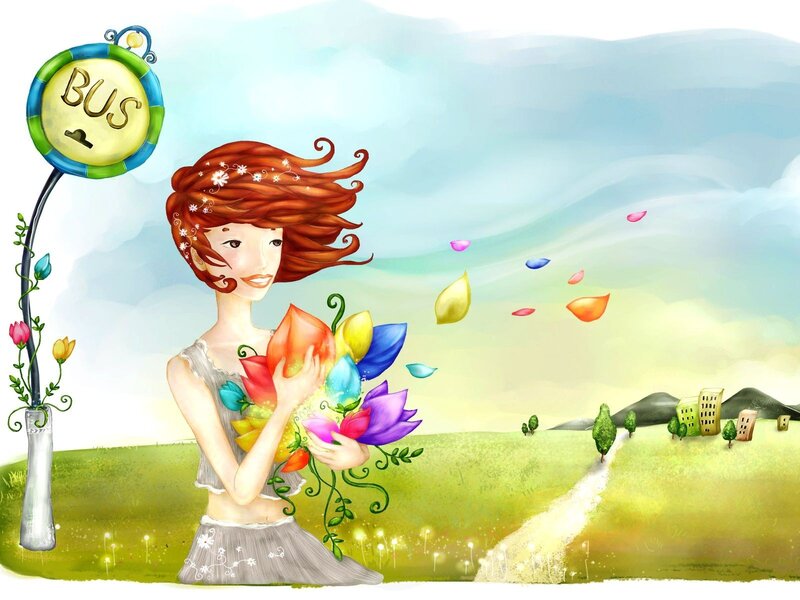 woman with flowers at bus stop