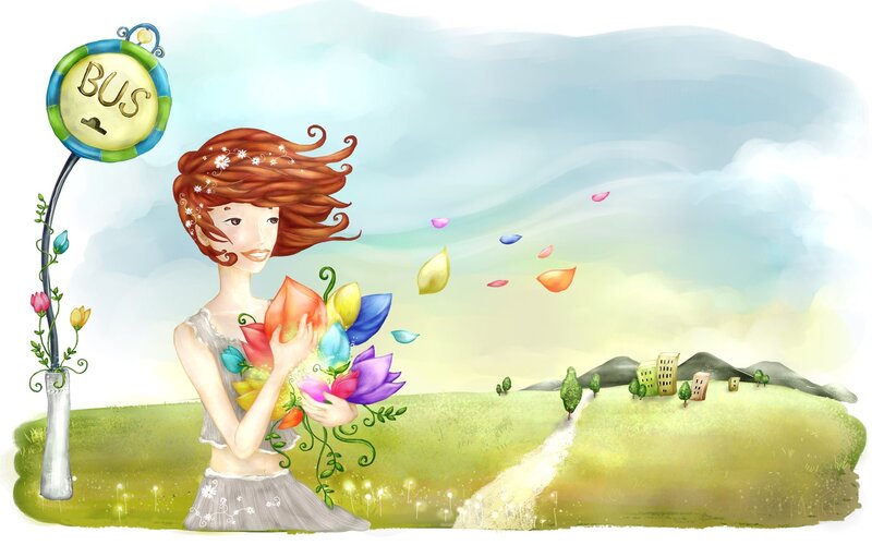 woman with flowers at bus stop
