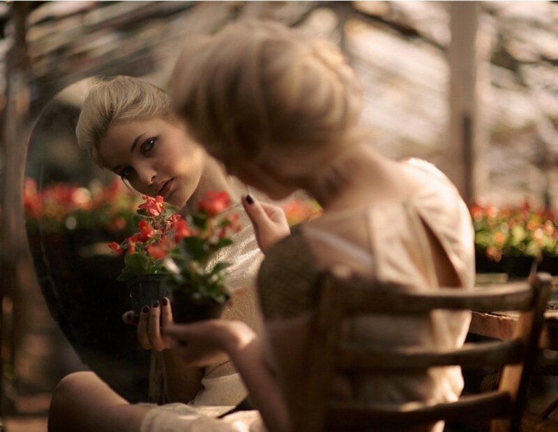Woman with Flowers — Beige, Contemplative