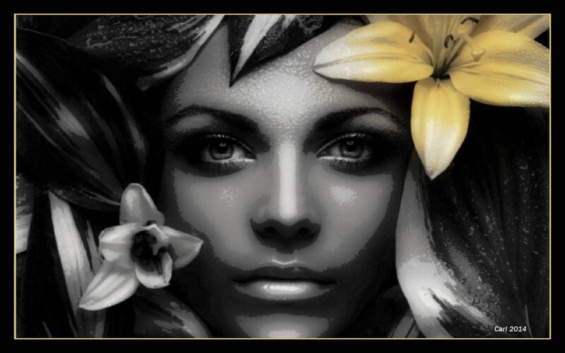 Woman with Flowers — Black, Dramatic, Digital Art