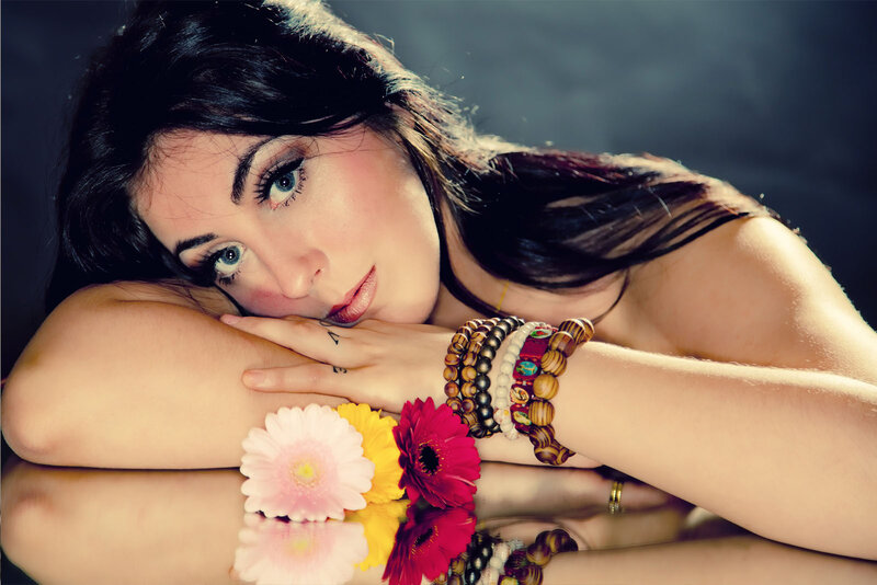 Woman with Flowers — Black, Dramatic, Photograph, Bracelets