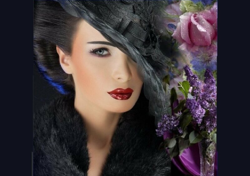 Woman with Flowers — Black, Dramatic, Photograph, Hat