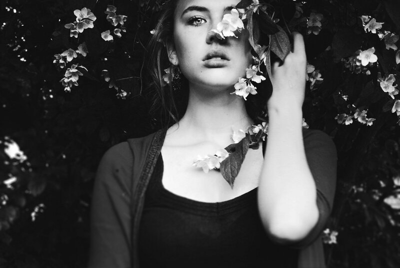 Woman with Flowers — Black, Dramatic, Photograph