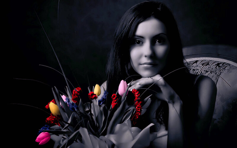 Woman with Flowers — Black, Dramatic